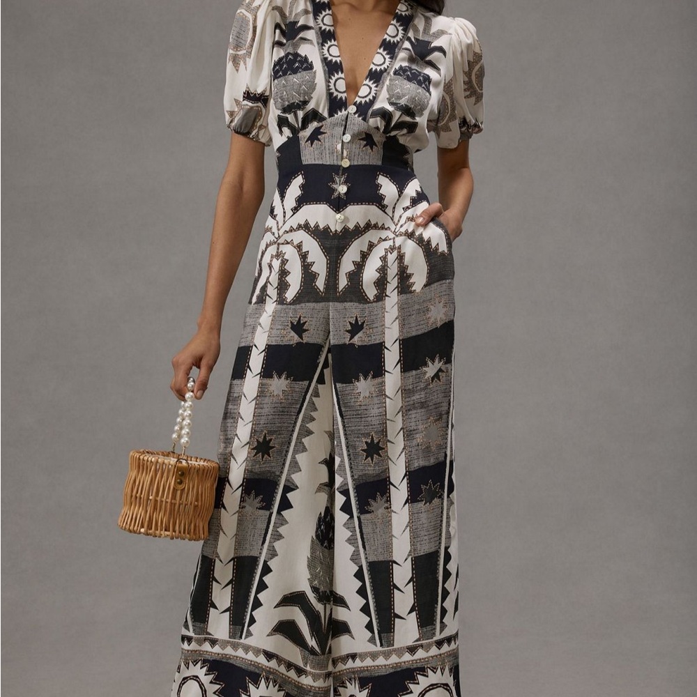 FARM Rio Puff-Sleeve Linen Jumpsuit